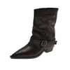 Botas para mujer estilo retro post-apocalíptico con hebilla de cuero para pierna de pantalón 2026 Otoño/Invierno Nueva Llegada Puntera puntiaguda botas cortas de temperamento botas de montar a media pantorrilla