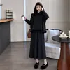 Ropa de Maternidad Otoño Invierno Nuevo Conjunto de Punto Cárdigan con Solapa Chaleco con Volantes Falda Base Moldeador Cubre Vientre Conjunto de Dos Piezas