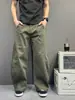 Calça casual de perna larga com textura macia e design retrô para homens e mulheres, calça de trabalho vintage verde militar, calça curva de corte solto
