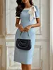 Vestido Feminino Redondo Europeu e Americano Transfronteiriço Novo com Laço em Cor Contrastante Slim Splicing Vestido para Festa de Celebridade