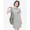 Vestido Gola Polo Canelada 100% Algodão para Mulheres, Camiseta de Comprimento Médio com Manga Curta, Top de Verão com Ajuste na Cintura