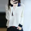 Suéter de punto de canalé a rayas transfronterizo de imitación de lana con cuello polo para mujer, chaqueta cárdigan versátil en bloques de color