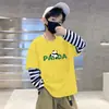 Camada de Base Infantil Masculina Estampa de Desenho Animado Algodão Puro Fina Camiseta Estilo Coreano Listrada Elegante Gola Redonda Manga Longa