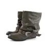 Versión de Piel de Vaca~Botas Vaqueras Occidentales Plisadas Estilo Retro Francés Botines para Mujer Tacón Grueso Hebilla de Cuero Remaches Punta Fina Botas para Pantalón