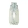 Calça jeans longa masculina spray-dyed desgastada suja solta punk retrô tendência marca lavada cor clara desbotada perna larga calça foice