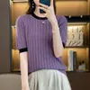 Camiseta top de malha de algodão puro de manga curta com blocos de cor, jovial, gola redonda, fina, versátil, slim fit, para mulheres