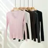 Camiseta de punto fina de lana para mujer, cuello redondo, estilo coreano, versátil, manga larga, para principios de otoño, 60 hilos, suéter fino