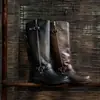 Botas de Equitação Femininas em Couro Integral, Novo Estilo Botas de Couro Bovino Bico Redondo com Cinto Salto Baixo Acima do Joelho, Botas de Pernas Retas para Mulheres