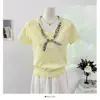 Cachecol de Seda Fino com Decote V Estilo Coreano, Blusa de Tricô de Manga Curta, Novo Design Verão 2026, Blusa Solta de Linho de Bambu para Mulheres