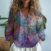 Nova Camisa Feminina de Comércio Exterior 2025 Top Transfronteiriço Gola V Estampada Exquisita Camisa de Tecido de Cânhamo Feita de Amazon D