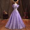 Vestido de Noche para Examen de Arte, Atuendo para Recital en Solitario Bel Canto, Morado Modelo Nuevo 2026, Vestido de un Hombro Abullonado para Actuación Vocal para Anfitriona