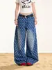 Jeans largo de perna ampla com design retrô americano, bordado em água, estampa total de bolinhas, calça versátil e moderna, unissex