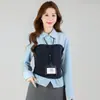 Em estoque: Nova Camisa Estilo Primavera Versátil Patchwork Falsa Duas Peças Manga Longa para Mulheres, Branco e Azul