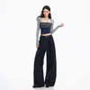 Pantalones casuales rectos de corte holgado para mujer, estilo americano, cordón, de largo hasta el suelo, azul denim, pantalones azul denim extralargos
