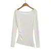 638-25 Otoño Nuevo Estilo Europeo y Americano Estilo Blogger Ins de un Hombro Cachemira Ceñidor de Cintura Manga Larga Camiseta Básica