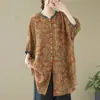 Foto Real de Camisa Floral Vintage de Longitud Media para Mujer, Mangas de Linterna, Botones al Frente, Corte Holgado, Mangas de Tres Cuartos, Top Delgado de Ramio