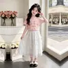 Moda de Verano Cómodo Top de Manga Corta con Estampado de Letras para Niñas Mayores, Conjunto de Dos Piezas Falda de Encaje Estilo Pastel de Princesa Dulce