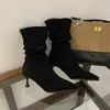 Botas de Cano Médio com Pregas Retro em Camurça, Efeito Emagrecedor, Botas de Salto Alto Bico Fino para Mulheres, Botas Curtas Simples para Outono e Inverno