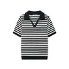 2026 Comércio Exterior Transfronteiriço Roupas Femininas AliExpress Polo Casual de Manga Curta com Listras Pretas e Brancas e Gola de Cor Contrastante