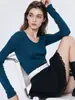 Top de punto de alta calidad sin costuras con cuello en U para mujer, de manga larga, color liso, ajuste normal en los hombros, elástico, ajustado, adecuado como capa interior o capa base, fino