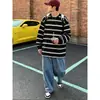 Camiseta listrada estampa digital estilo retrô Hong Kong feminina nicho confortável primavera outono inverno jovem manga longa top masculino