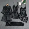 Pijama para Mulheres Verão Seda de Gelo Sexy Quente Roupas de Casa Primavera e Outono Manga Longa Fino Tamanho Grande Suit de Cinco Peças Transfronteiriço Roupão