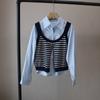 [Bizheng] Nova Moda Coreana Outono 2025 Conjunto de Duas Peças Camisa Cardigan Listrado Tricotado Colete Feminino 5013