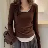 Camiseta de manga larga 100% algodón, corte slim, cómoda, versátil y estilizada para mujer, con diseño color block y estilo casual sencillo con hombros normales