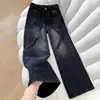 Calça Jeans Feminina Preta e Cinza com Estampa de Estrelas, Resistente, Embelezada com Strass, Novo Estilo Primavera 2026, Calça de Cintura Ajustável com Cordão, Perna Larga, Caimento Solto