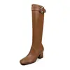 Botas de caballero con hebilla para mujer, botas largas ajustadas, nuevo estilo otoño e invierno, punta redonda, tacón alto grueso, cremallera lateral, botas largas elásticas para mujer