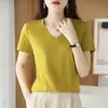 Suéter Feminino Manga Curta Gola V Clássico Simples Cor Sólida Camisa Básica Elegante 2026 Primavera e Verão Novo Estilo Camiseta de Algodão Mercerizado