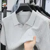 Camiseta de Seda Hielo de Manga Corta para Hombre, Nuevo Estilo de Verano, Color Sólido, Casual, para Jóvenes y de Mediana Edad, Cuello de Solapa, Ropa de Hombre