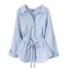 Nova Blusa Feminina de Primavera Plus Size com Design Único, Gola V, Azul, Afina a Cintura, Manga Longa de Chiffon