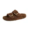 Pantuflas peludas versátiles de doble tira y suela gruesa para mujer, aptas para usar en exteriores, nuevo modelo de otoño 2026, pantuflas de algodón tipo slip-on con suela suave