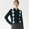 Nuevo Cárdigan de Punto con Cuello Polo de Cachemira Manga Larga Bloque de Color Diamante Lana de Cachemira Otoño/Invierno 2026