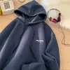 Moletom com capuz e estampa de letras simples para homens e mulheres, outono e inverno, solto oversized, forrado com fleece, roupa grossa, jaqueta resistente para casais