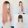 Peruca rosa de cabelo longo e liso para mulheres, estilo em camadas de alto nível, jovial e valorizadora, cabelo sintético com aparência natural para uso diário, cobertura total da cabeça