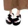 Pantuflas de pelo de conejo Rex de alta gama con bloques de color para mujer, pantuflas de algodón para el hogar con tiras cruzadas, suela gruesa antideslizante, moda de verano