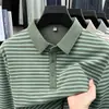 Camiseta de Manga Comprida Masculina Outono Novo Estilo Meia-idade Casual Versátil Listrada Amiga da Pele Gola Polo Camiseta Básica