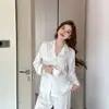 Pijama de verano jacquard de seda helada hecho a medida para mujer, de manga larga y pantalón largo, corte holgado, conjunto de ropa para casa de color liso de moda