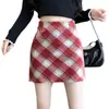 Falda de cuadros rojos, minifalda de otoño e invierno para mujer, de cintura alta, adelgazante, favorecedora, elegante falda de lana línea A, falda ajustada