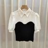 Verano para Mujer Estilo Francés Moda Manga Corta Abullonada Tejido Punto Diseño Camiseta Pequeña Costuras Falso Dos Piezas Top Corto