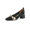 Sapatos femininos de couro estilo francês, bico quadrado, laço de fita, camada única, para 2024 Primavera e Outono, novos, salto grosso, combinação de cores, sem cadarço, salto alto