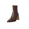 Versión de piel~Botines de tacón alto retro con punta cuadrada francesa para mujer, tacón grueso, cremallera trasera, botas ajustadas, nueva colección Otoño/Invierno 2026