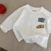 Camiseta de Algodão Puro Manga Longa Infantil Desenho Animado Novo Estilo Top de Outono para Meninos Versão Coreana Camisa Básica com Bolso para Bebê Meninas