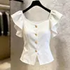 Hermosa Blusa Negra de Cuello Cuadrado con Volantes de Manga Corta para Mujer Verano Diseño de Nicho Sentido de la Moda Ceñidora a la Cintura Adelgazante Versátil