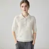 Baicai Terciopelo Cachemir Cuello Polo Manga Corta con Perlas 2026 Nuevo Estilo Coreano Calado Lunares Versátil Top de Punto
