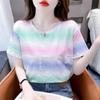 Camiseta Tie-Dye de Cinco Listras Manga Curta Verão Novo Estilo Coreano Versátil Casual Solta Gola Redonda Simples Top Exportação