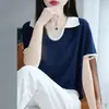 Verão 2026 Novo Estilo Gola Polo Lyocell Color Block Lapela Malha Top Feminino Manga Curta Fino