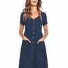Vestido feminino de verão com gola V, botões de fileira única, bolso, manga curta, comércio exterior XX0181